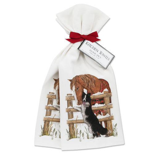 Horse & Border Collie Winter Greeting Cotton Kitchen Towels - Set of 2