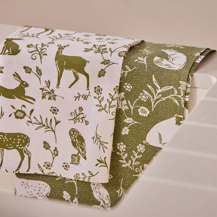 Forest Wildlife Sage Cotton Tea Towels - Set of 2