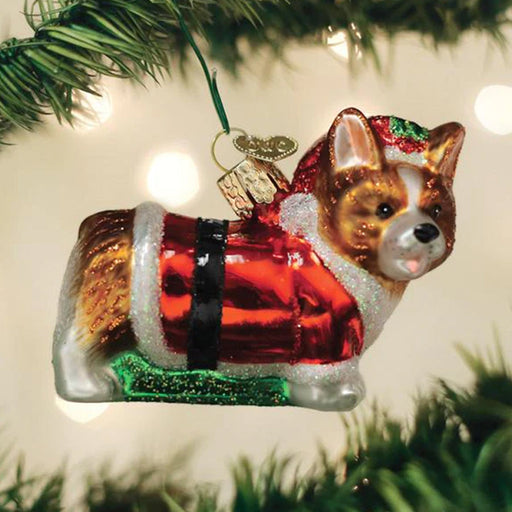 Corgi Santa Puppy Glass Christmas Ornament